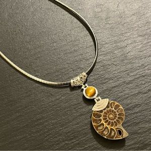 Natural Ammonite Fossil with Tigers Eye Stone Accent on 18” - 20” Omega Necklace